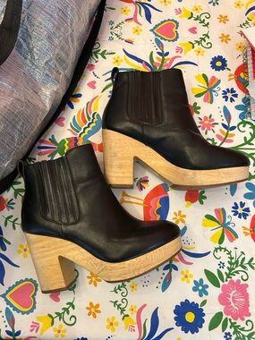 MADEWELL Women's Black Leather Platform Ankle Boots with Wood Block Heel 6.5